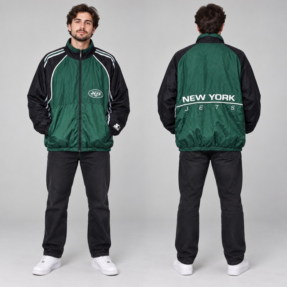 Vtg Starter New York Jets Jacket Mens Large Green NFL Full Zip Windbreaker Hood